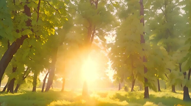 Sunny sunset beautiful nature video background of flying poplar pollen and plenty of insects in air isolated on green trees background