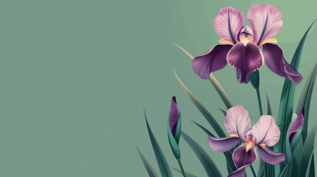 A serene and sophisticated image featuring delicate iris flowers with a fresh mint green background, perfect for calming visual content