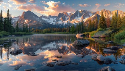 Lakes nestled amidst mountains provide a stunning backdrop for sunset scenes, with reflections of snow-capped peaks and colorful skies mirrored in the tranquil waters - obrazy, fototapety, plakaty