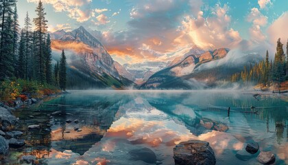 Lakes nestled amidst mountains provide a stunning backdrop for sunset scenes, with reflections of snow-capped peaks and colorful skies mirrored in the tranquil waters - obrazy, fototapety, plakaty
