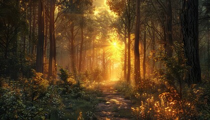 Sunset in the forest creates a magical and mystical ambiance, with sunlight filtering through dense...