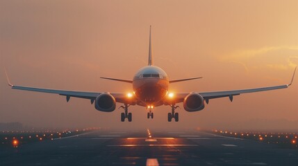 Landing a plane against a golden sky at sunset - obrazy, fototapety, plakaty