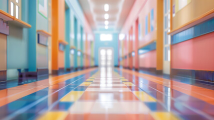 Blur background of Colorful Interior Hallway of a Modern School Building During Daytime - obrazy, fototapety, plakaty