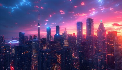 Obraz premium Cityscapes at sunset are alive with vibrant colors, glowing skylines, and bustling streets. Capture iconic landmarks, skyscrapers, and bridges illuminated by the fading light, with reflections shimmer