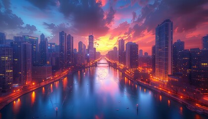 Obraz premium Cityscapes at sunset are alive with vibrant colors, glowing skylines, and bustling streets. Capture iconic landmarks, skyscrapers, and bridges illuminated by the fading light, with reflections shimmer