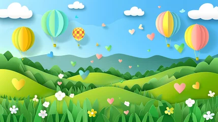 Meubelstickers Paper cut style of a beautiful field landscape in the summer time, the sky is blue and there are several hot air balloons in the air. © Aisyaqilumar
