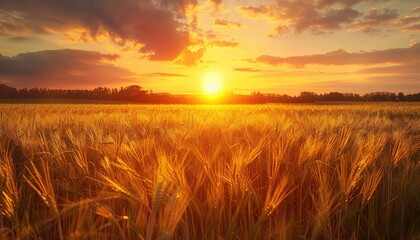 Fields at sunset are bathed in warm, golden light, creating a serene and nostalgic atmosphere. Capture vast expanses of grasses, flowers, or crops illuminated by the setting sun, with distant horizons - obrazy, fototapety, plakaty