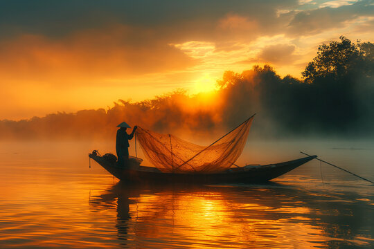 Asia fisherman net using on wooden boat casting net in the Mekong river at sunset 