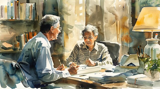 Watercolor Painting Two Senior Executive Businessmen Consulting Meeting Or Financial Planning For Pension After Retirement, Elderly Friends Partnership Manager Business Talk In Meeting Room Workplace