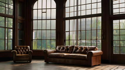 Generative KI Winchester Couch in alter Fabrikhalle