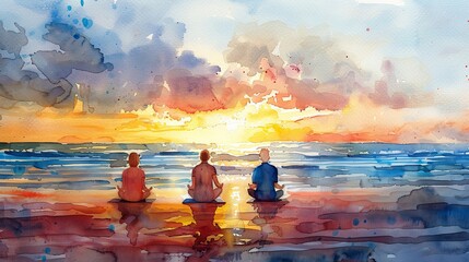 Watercolor painting, healthy group of senior people enjoying serene yoga session by the beach at sunrise, happy moment joyful meditation traveling wellness retirement pensioner activity lifestyle