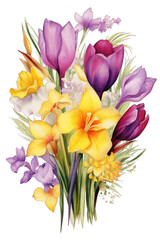 Obraz na płótnie Canvas Floral Bouquet of Spring Flowers: Crocuses, Tulips and Daffodils in Purple, Red and Yellow on a Transparent Background