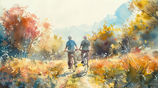 Watercolor painting, healthy senior couple bonding enjoying a leisurely bike ride through a scenic trail, happy moment joyful laughing movement, wellness retirement pensioner people activity lifestyle