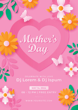 vector hand drawn mothers day event poster with blooming anemone flowers, heart shaped frame, hand lettering text - mother's day and luminosity flares.