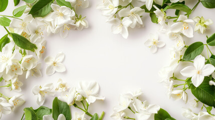 Fototapeta na wymiar An elegant layout of white jasmine flowers with green leaves forming a copy space frame for diverse uses