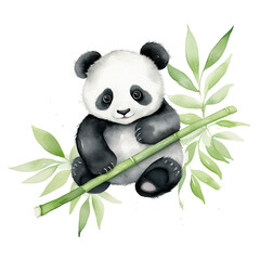 AI-generated watercolor cute Panda with leaves clip art illustration. Isolated elements on a white background.
