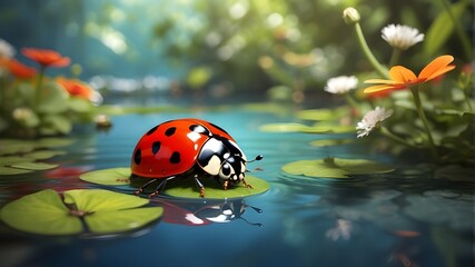 Envision a vivid scenario where a ladybug is calmly resting on water, encircled by natural components such as leaves and flowers.