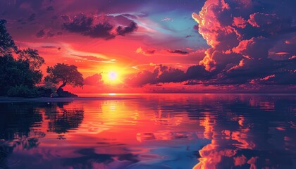 perfect sunset with stunning colors reflecting off clouds, silhouettes of trees or landscapes, and a serene atmosphere. These backgrounds can be used in various contexts