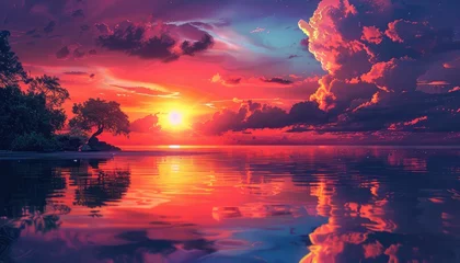 Photo sur Plexiglas Réflexion perfect sunset with stunning colors reflecting off clouds, silhouettes of trees or landscapes, and a serene atmosphere. These backgrounds can be used in various contexts