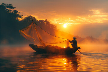 Asia fisherman net using on wooden boat casting net in the Mekong river at sunset 