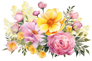 Floral Bouquet of Spring Flowers: Peonies and Primroses in Pink and Yellow on a Transparent Background - obrazy, fototapety, plakaty