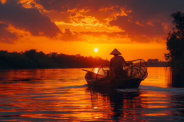 Asia fisherman in river at sunset  - obrazy, fototapety, plakaty