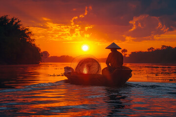  fisherman in river at sunset 