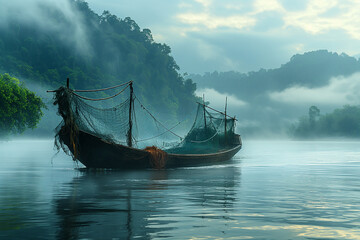  wooden boat casting net  in the Mekong river in the morning - obrazy, fototapety, plakaty