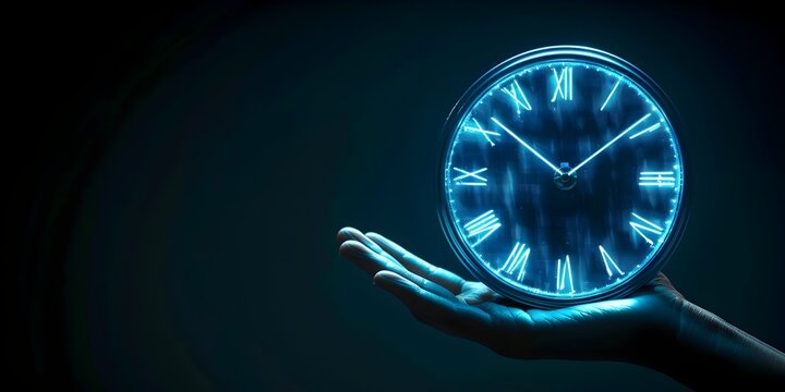 Neon Clock Face Ticking in a Hand Against Darkness Illuminating Time s Passage