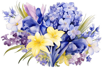 Floral Bouquet of Spring Flowers: Hyacinths and Irises in Blue, Purple, white and Yellow on a Transparent Background