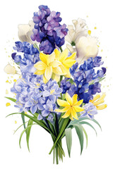 Floral Bouquet of Spring Flowers: Hyacinths and Irises in Blue, Purple, white and Yellow on a Transparent Background