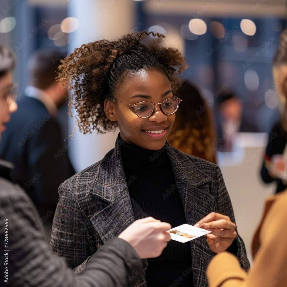 Poster An employee attending a networking event, exchanging business cards with other professionals. 