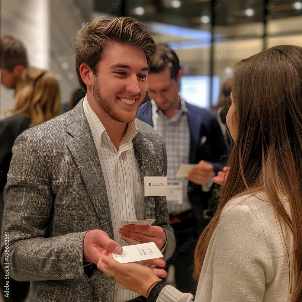 Poster an employee attending a networking event, exchanging business cards with other professionals.