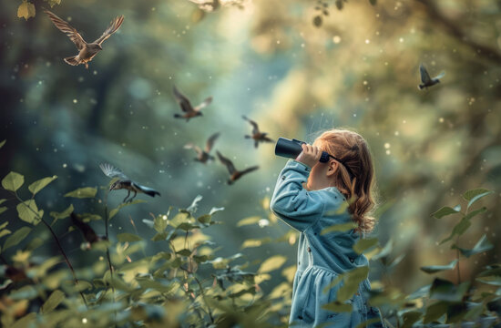 A young girl with blonde hair wearing blue is birdwatching in the forest, holding binoculars to her eyes and looking up at the trees.