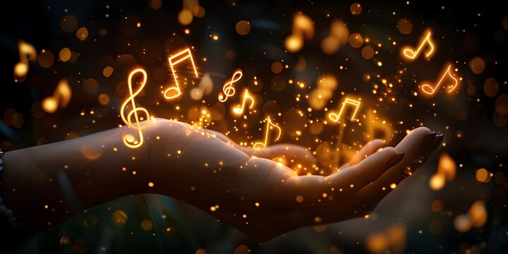 Neon Musical Melody Floating Above Outstretched Hand Orchestrating a Symphony of Luminous Light in the Night