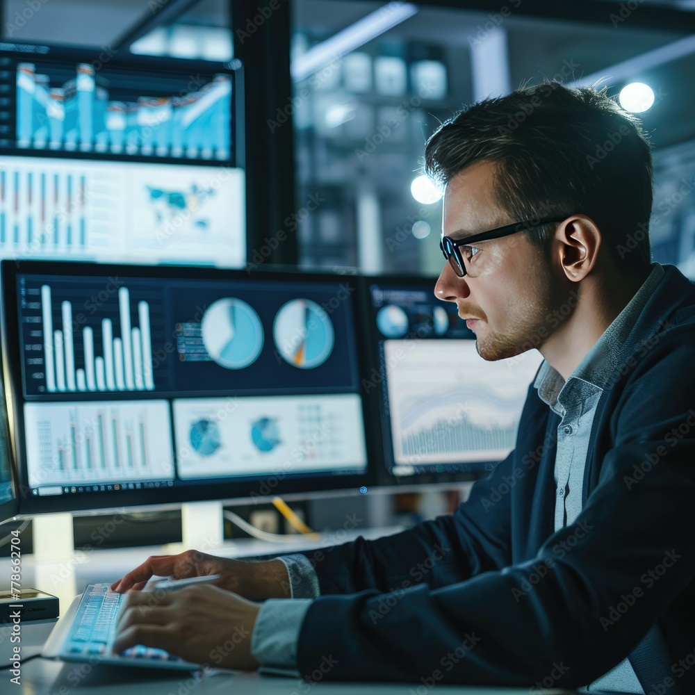 Poster an employee conducting market research, analyzing data on a computer screen. job