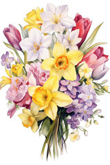 Obraz na płótnie Canvas Floral Bouquet of Spring Flowers: Tulips and Daffodils in Pink, Lavender and Yellow on a Transparent Background