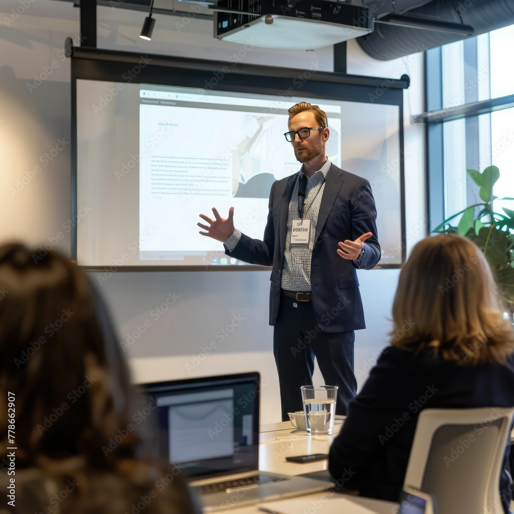 Poster An employee making a presentation to company executives, using a projector to display slides. Job 