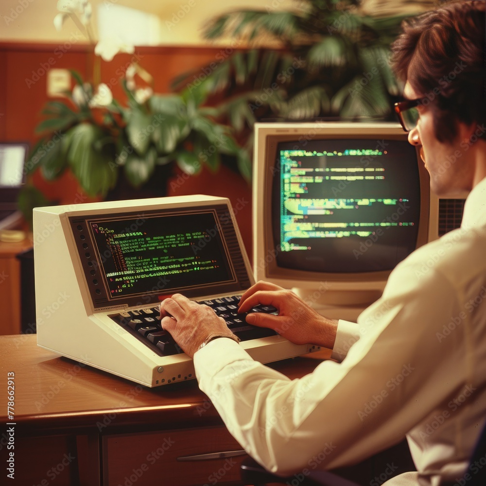 Poster An employee working on a coding project, typing code into a computer terminal. Job 