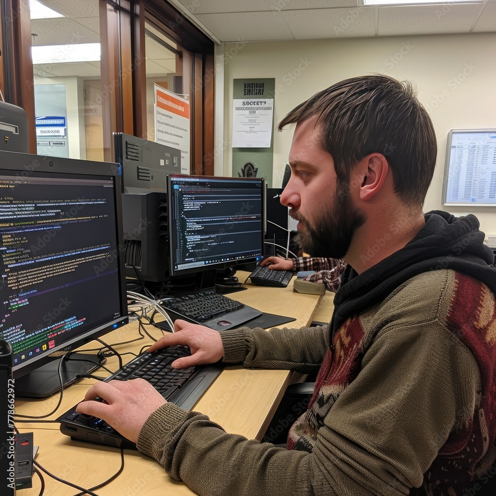 Poster An employee working on a coding project, typing code into a computer terminal. Job 