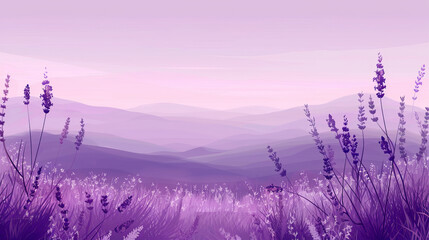 A serene digital illustration of a lavender field bathed in the soft, purplish glow of twilight,...
