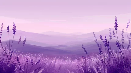 Fotobehang A serene digital illustration of a lavender field bathed in the soft, purplish glow of twilight, evoking calm and tranquility © road to millionaire