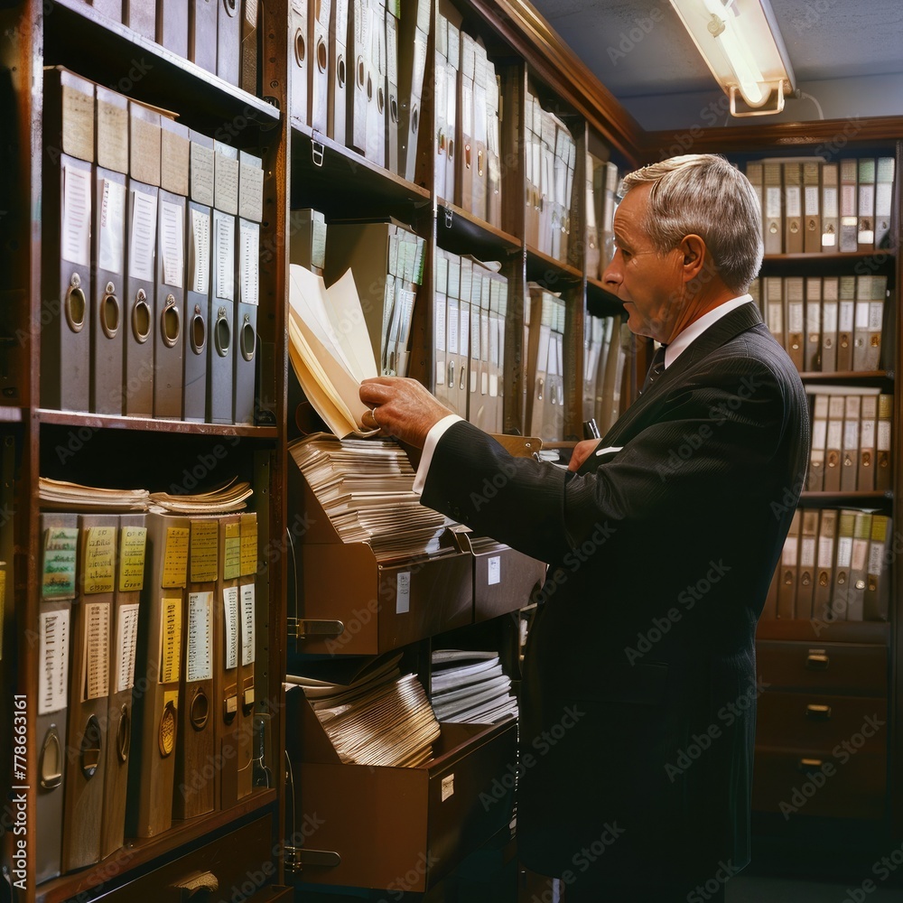 Poster an employee organizing files and documents in a filing cabinet. job