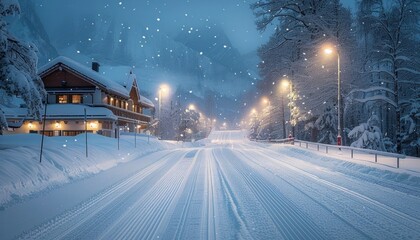Snowy road in a tranquil village at night with shimmering stars and a light dusting of snowflakes