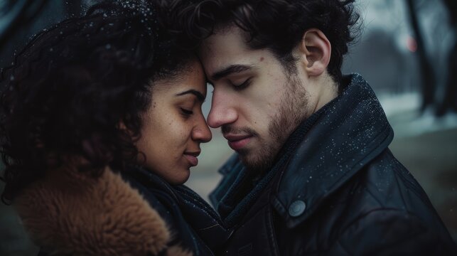 Portrait of a young couple in love kissing in the rain.