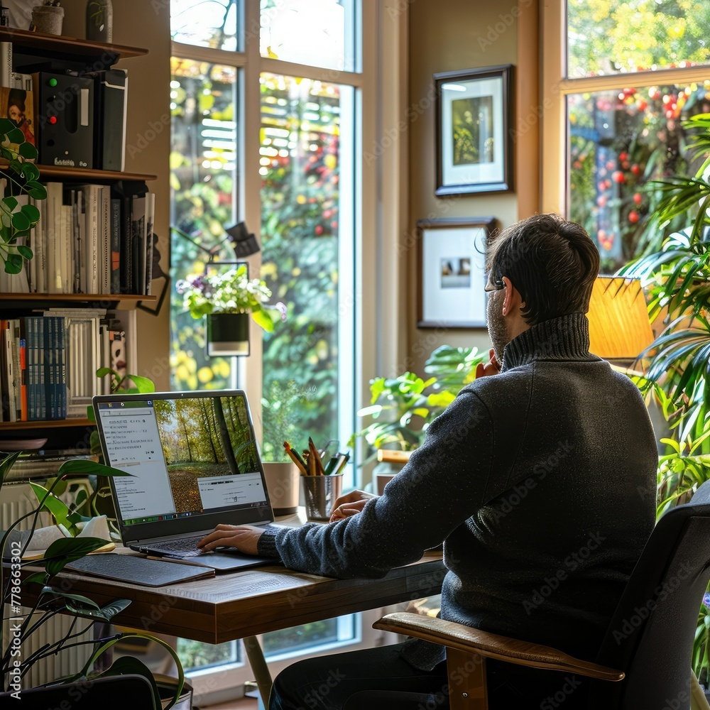 Poster an employee working remotely from a home office, using a laptop and video conferencing software. job