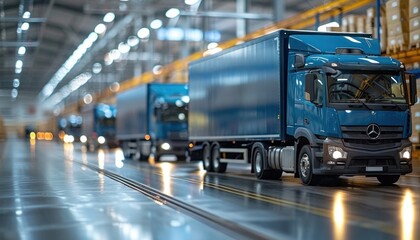 Blue Semitrailer Truck In The Industrial Building With Blurred Background