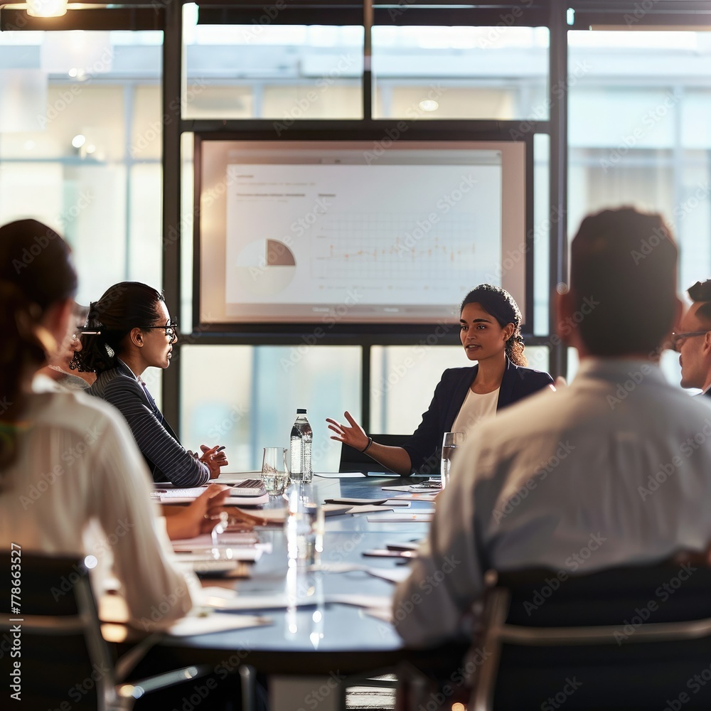 Poster an employee delivering a presentation to clients in a boardroom setting. job
