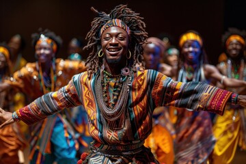 African dancers in colorful costumes perform a traditional dance.