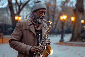 Passionate African American musician playing the saxophone with soul in a serene park on a sunny day - obrazy, fototapety, plakaty